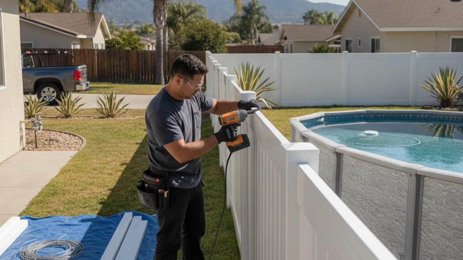 An above-ground pool in a San Diego backyard with a separate perimeter fence and secured access gate