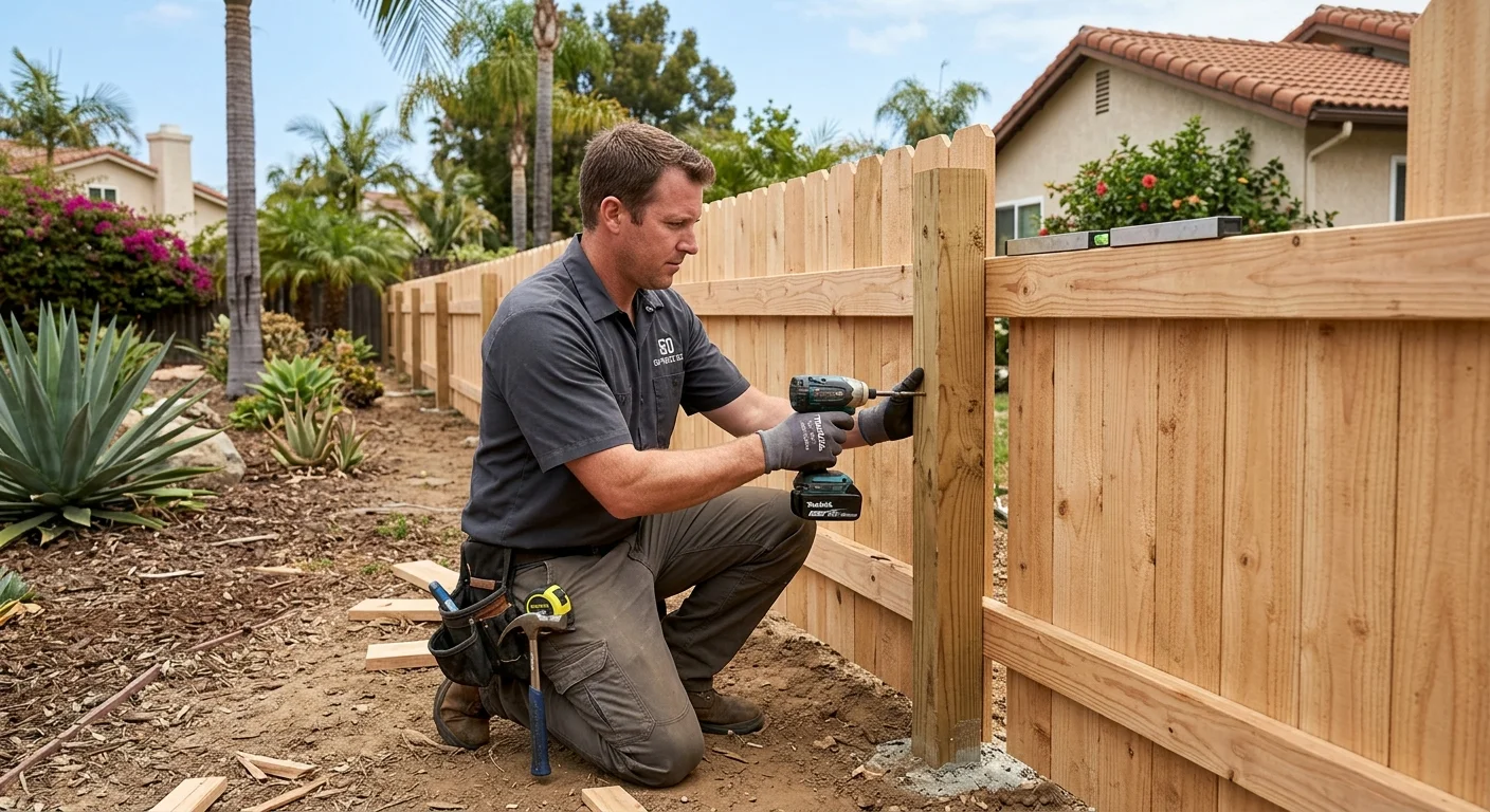 A simple but well-installed pressure-treated pine privacy fence in a modest San Diego yard, looking clean and functional.