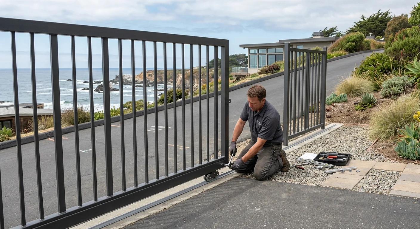 Aluminum driveway gate planned around a coastal home's driveway