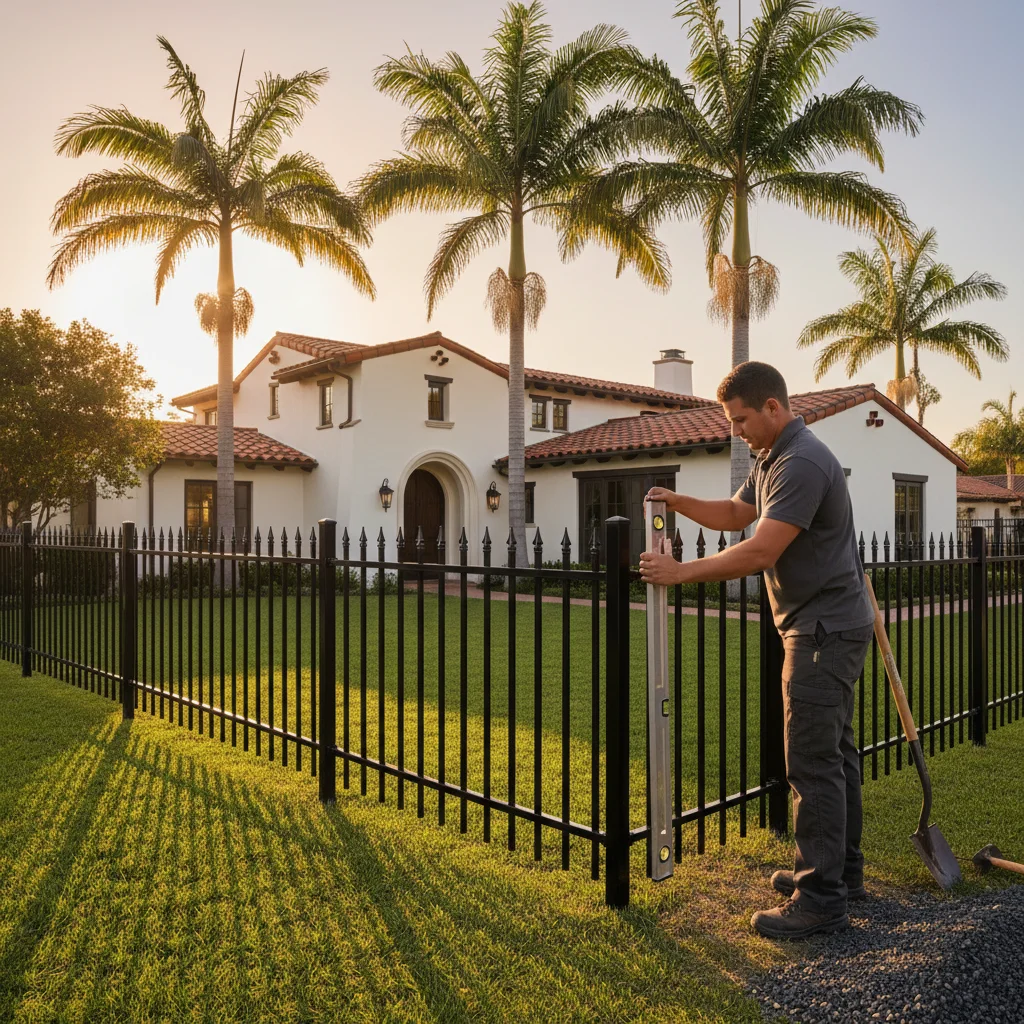 A black powder-coated aluminum fence with spear-top pickets protecting the front yard of a beautiful Spanish-style home in San Diego.
