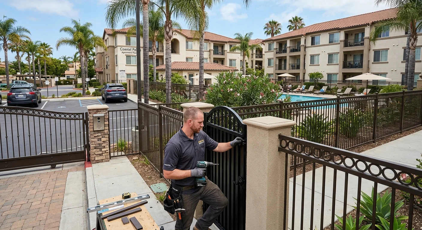 San Diego apartment property with perimeter fencing and separate access gates