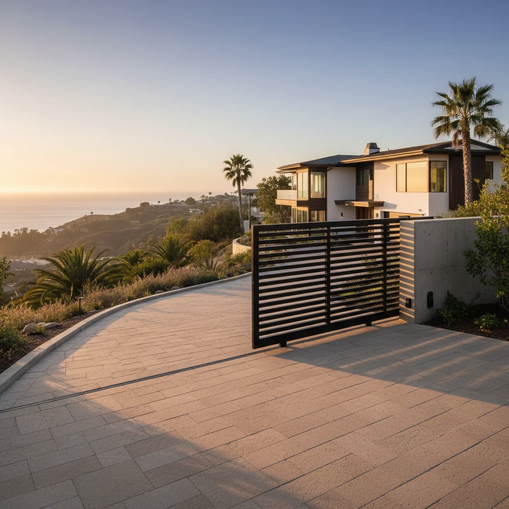 Modern black aluminum sliding driveway gate opening at a San Diego hillside home entrance with paver driveway in warm afternoon light