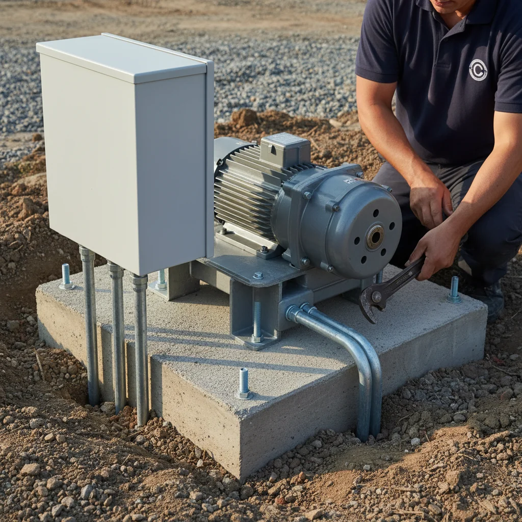 Close-up of a gate operator motor and control box mounted on a concrete pad, wit