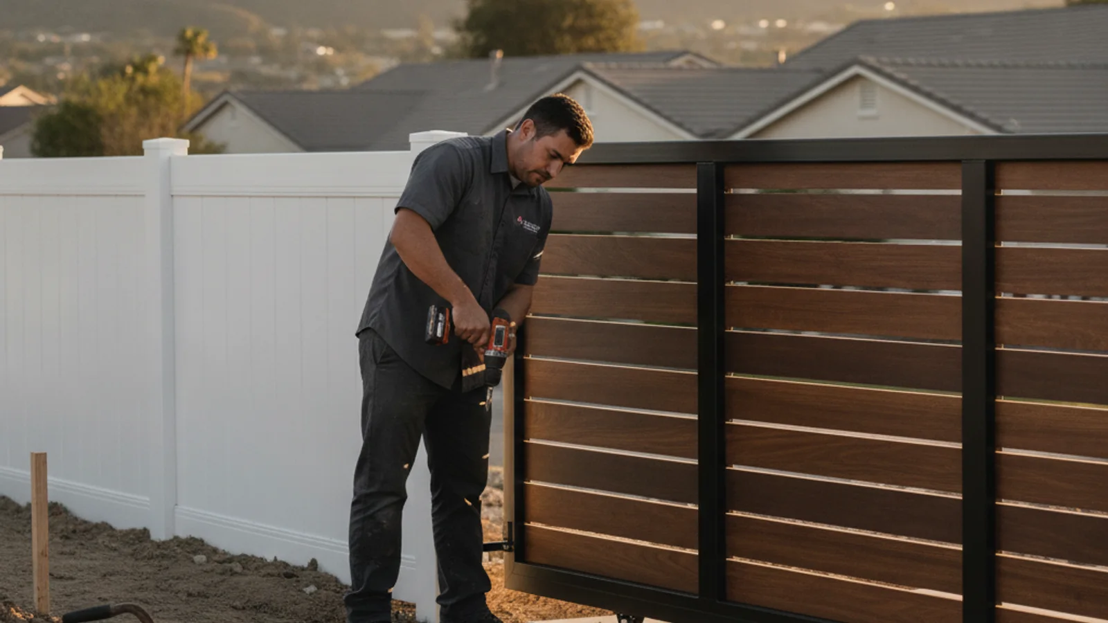 An automatic driveway gate at an inland Escondido home with a long driveway and visible side clearance.
