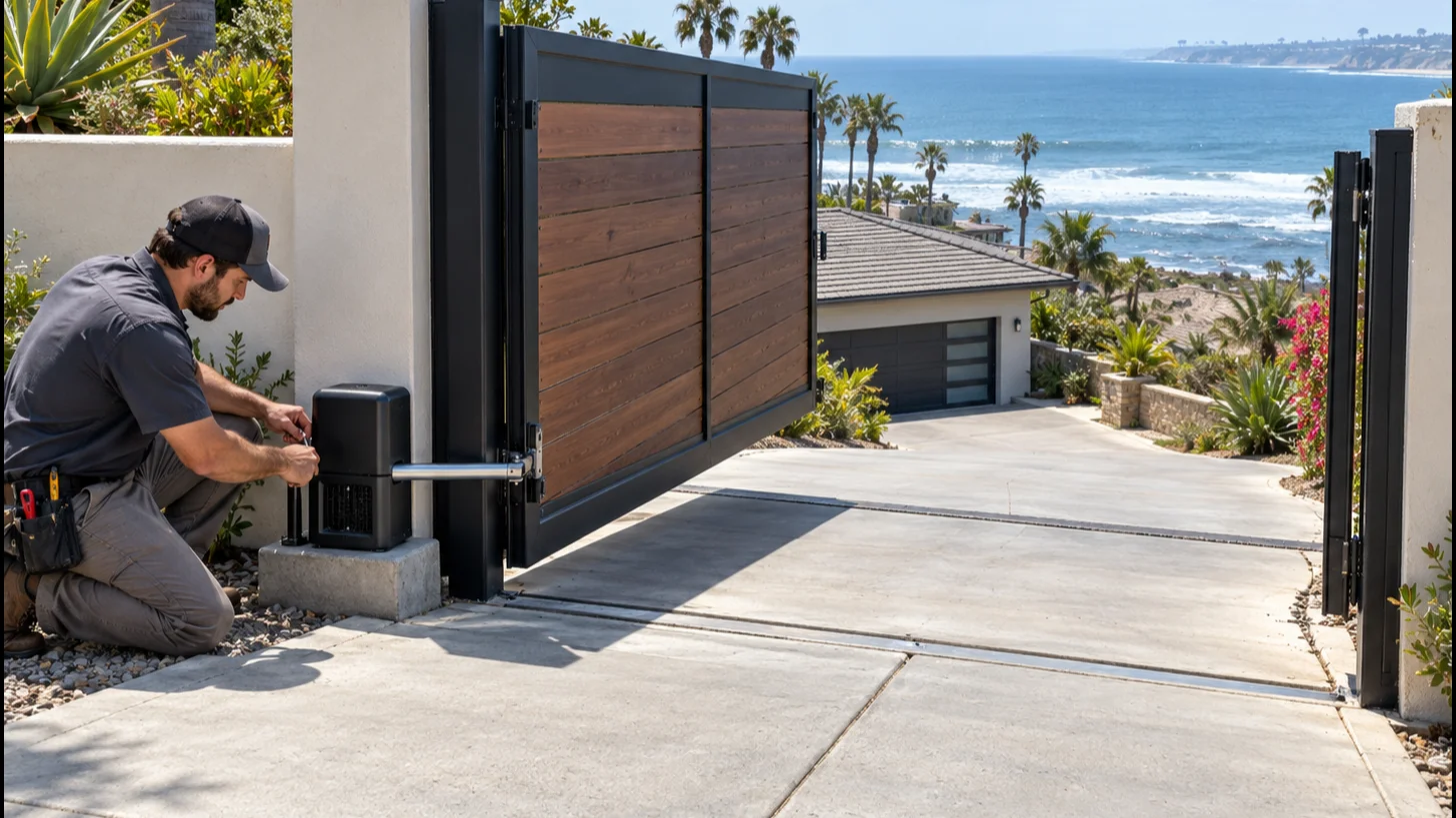 Automatic driveway gate with visible opener and side clearance