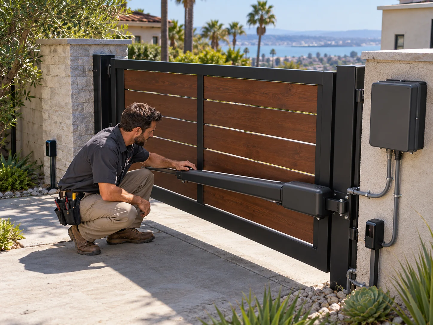 Automatic opener on a residential swing gate in San Diego