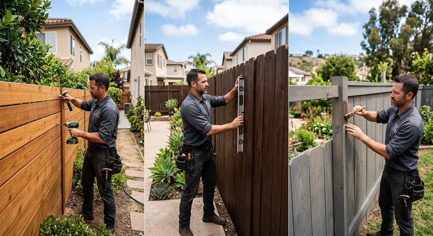 A gallery of three different wood fences in San Diego backyards, one with a natural cedar stain, one with a dark brown stain, and one with a semi-transparent gray stain.