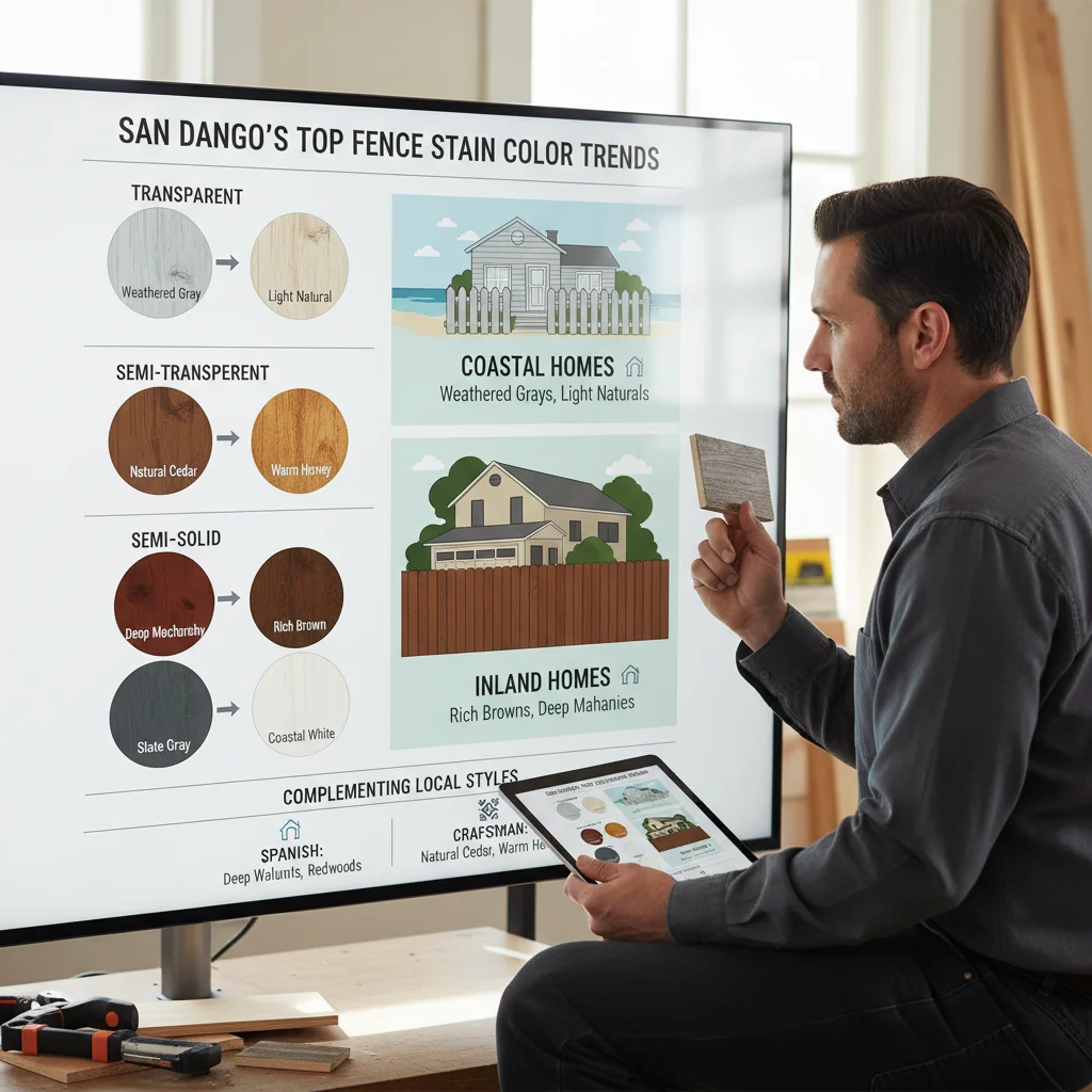 Infographic showing popular fence stain colors in San Diego, categorized by opacity, region (coastal vs. inland), and architectural style (Spanish, Craftsman).