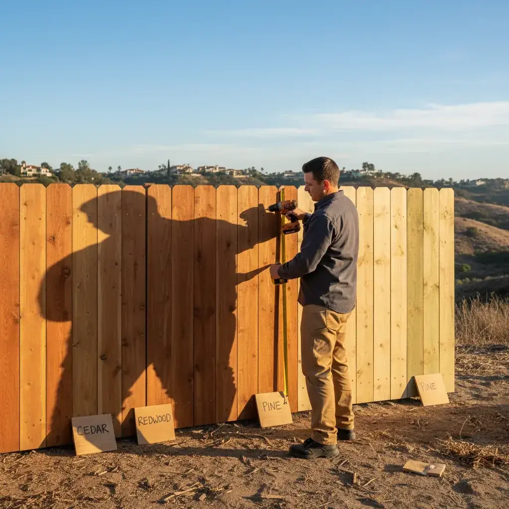 A vinyl privacy fence in an HOA-approved tan color along a master-planned Rancho Bernardo backyard