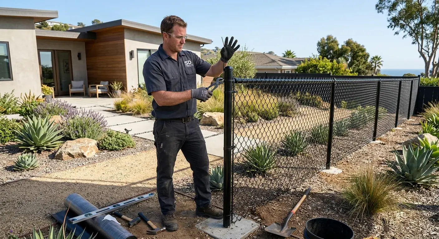 A crisp, black vinyl-coated chain link fence enclosing a modern San Diego backyard with drought-tolerant landscaping and clean lines.