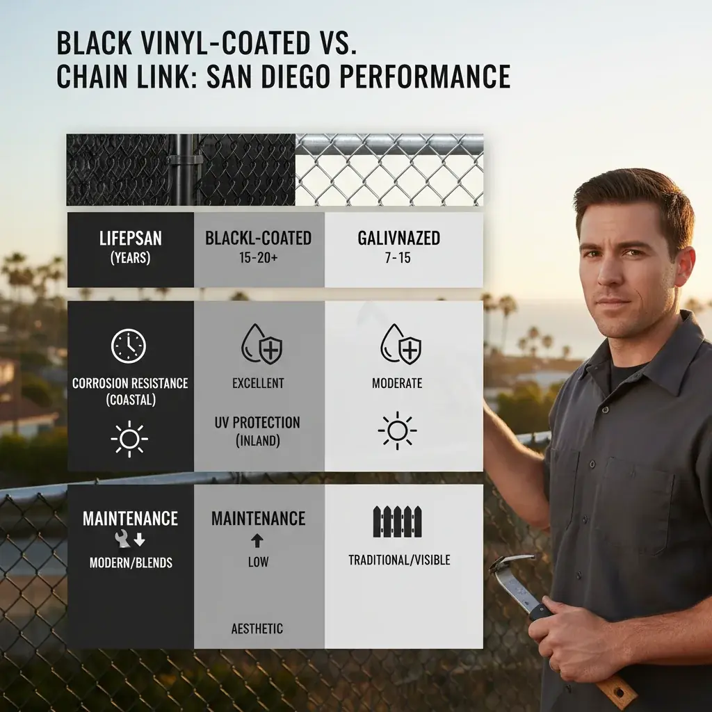 Infographic comparing the typical lifespan, maintenance, and durability factors of black vinyl-coated chain link versus galvanized chain link fences in San Diego's diverse climate zones.