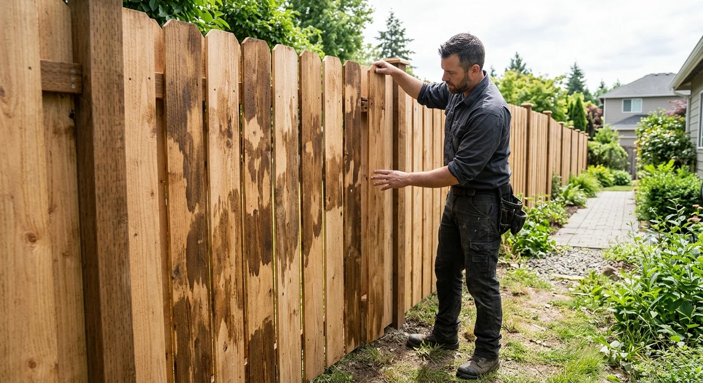Wood fence with uneven stain color across several boards