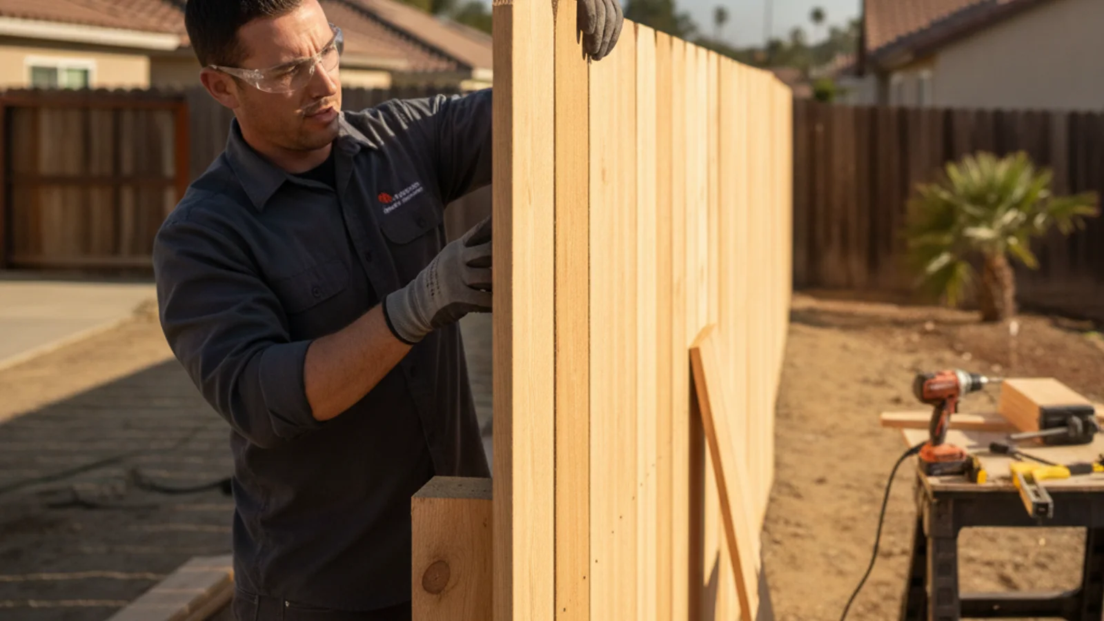 A cedar board-on-board fence in a San Diego backyard, showing the overlapping picket pattern up close.