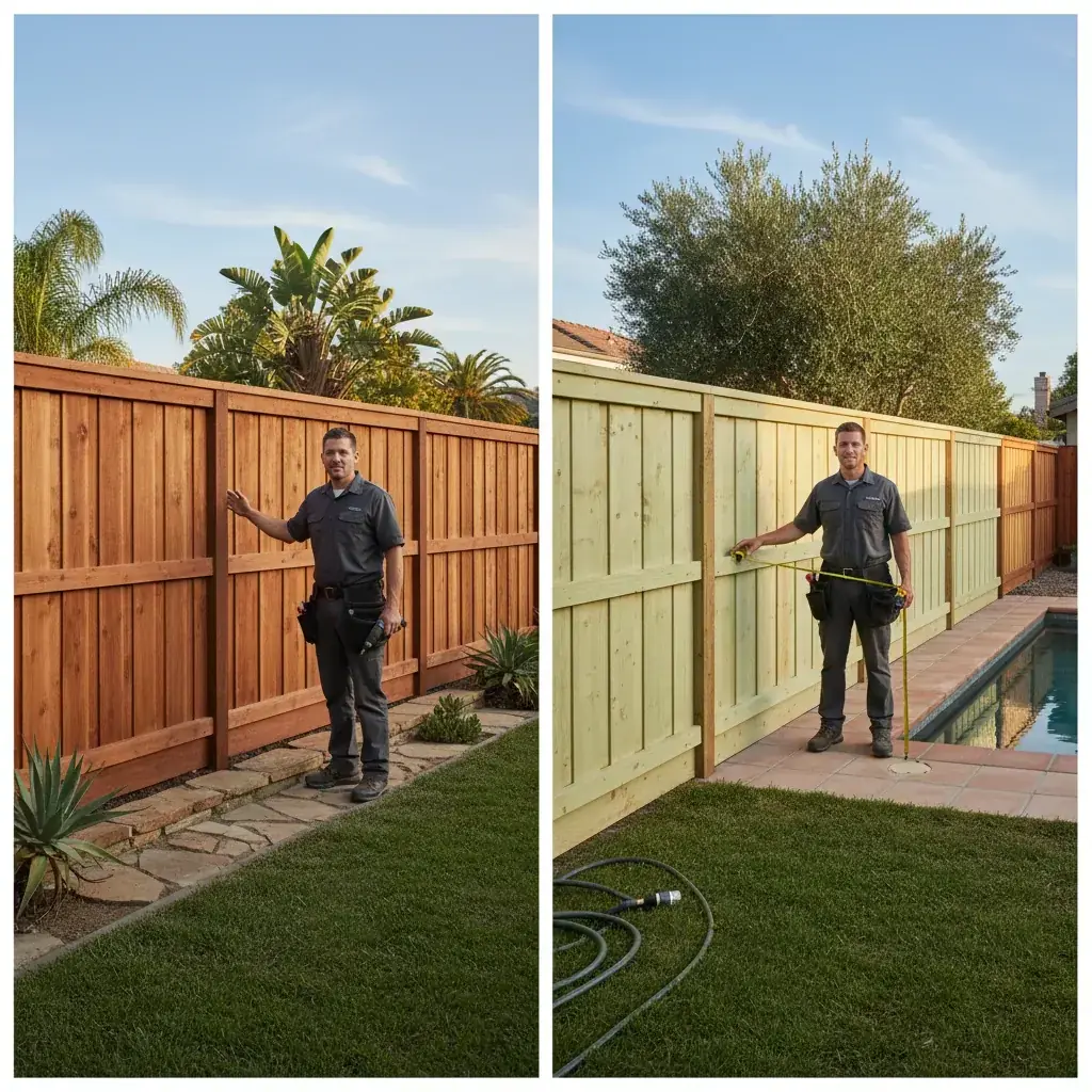 Side-by-side view of a solid board-on-board fence offering total privacy and a gapped shadowbox fence in a sunny San Diego backyard.