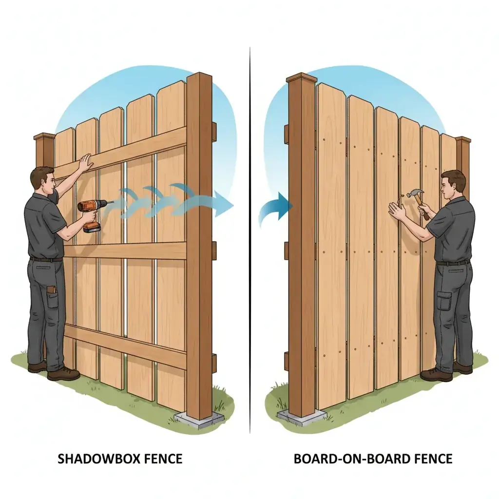 A diagram comparing the overlapping solid pickets of a board-on-board fence to the alternating pickets of a shadowbox fence, showing airflow.