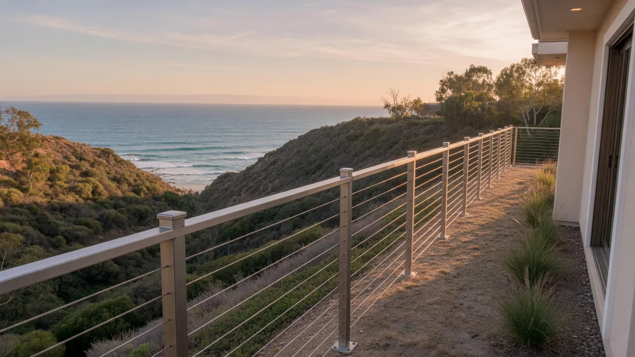 Horizontal stainless cable rail view fence on a coastal San Diego bluff-top