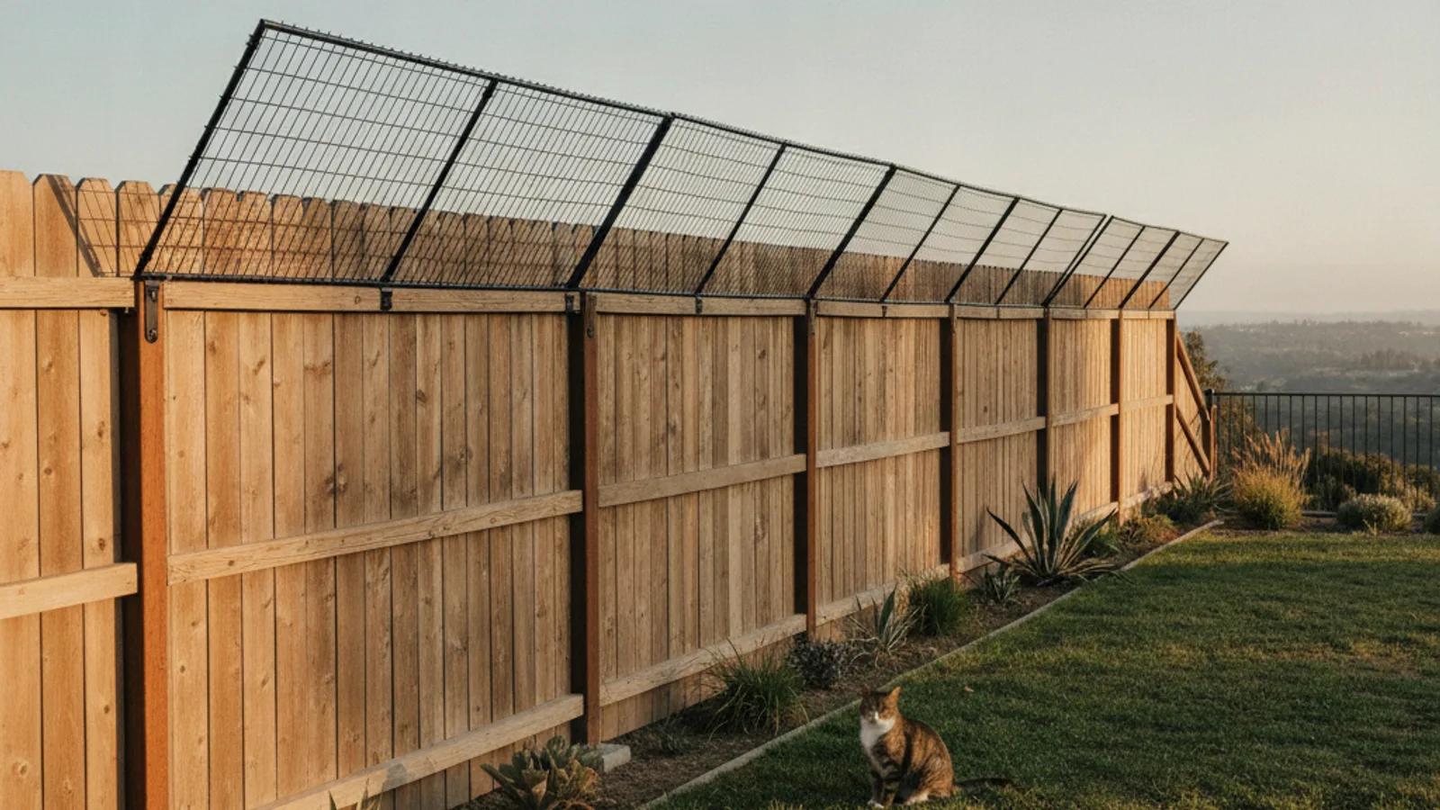 A residential San Diego backyard fence with an angled inward-facing mesh topper, keeping a cat contained safely inside the yard.