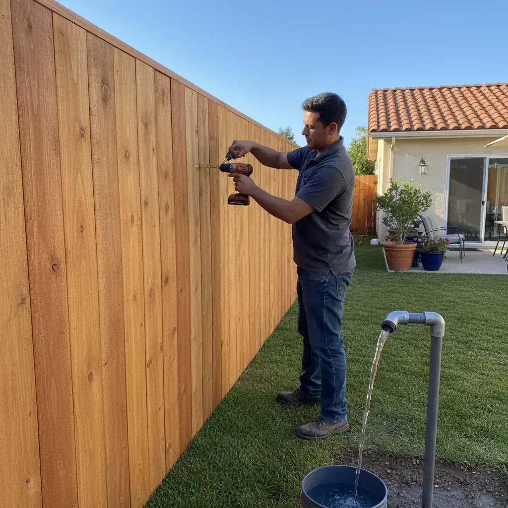 A newly installed cedar privacy fence glows in the warm San Diego sun.
