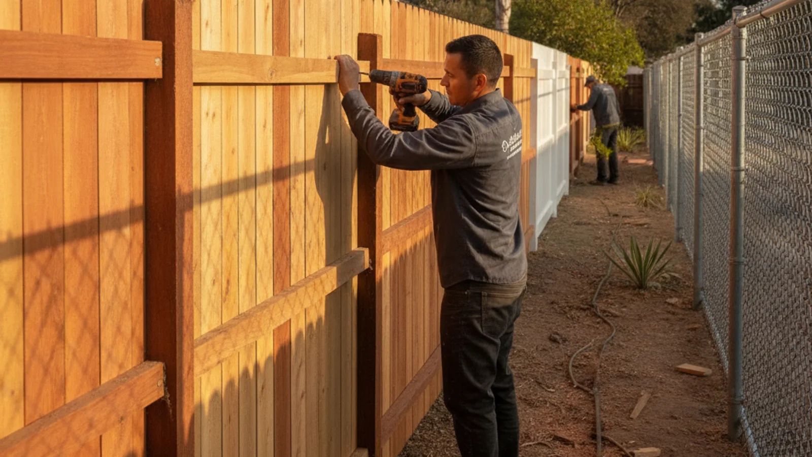 Two fence sections side by side, one built from cedar and one from redwood, showing the difference in grain and color.