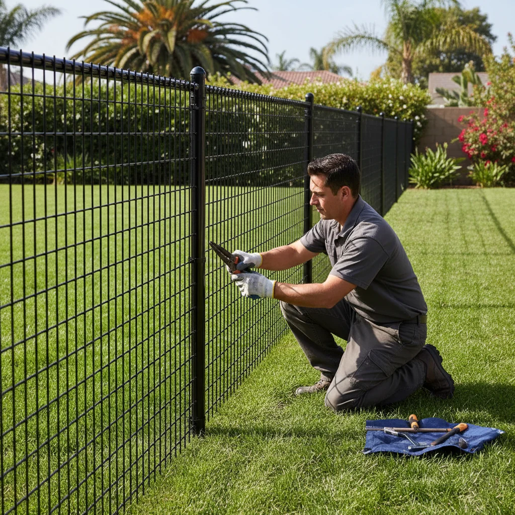 Black vinyl-coated chain link fence around a San Diego residential backyard with a neat top rail and green lawn behind it