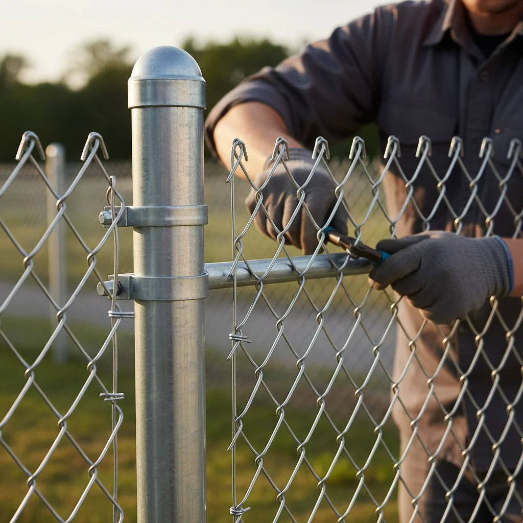Detail of a galvanized chain link tension band and post cap at a corner post, sh