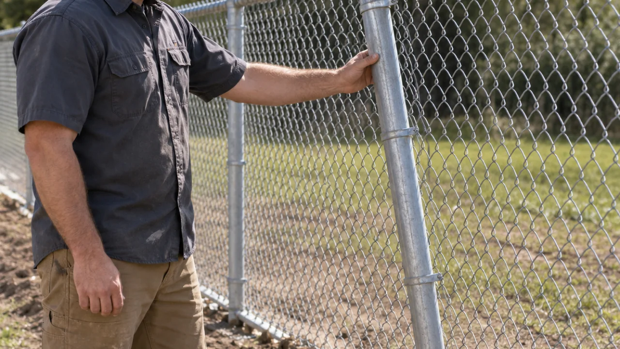 A leaning chain link fence post beside aligned fabric and rails