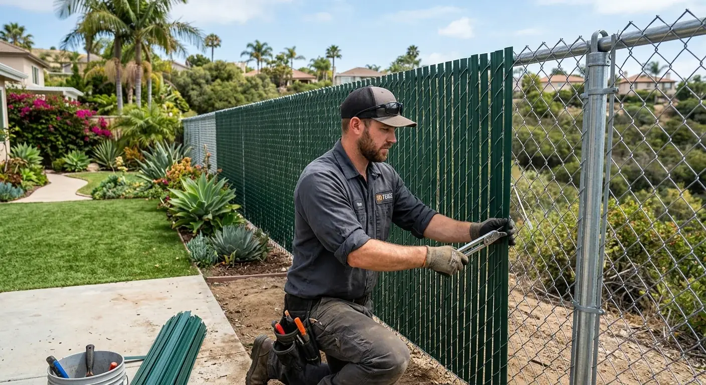 A clean chain link fence with dark green privacy slats woven through it, providing a visual barrier for a San Diego backyard.