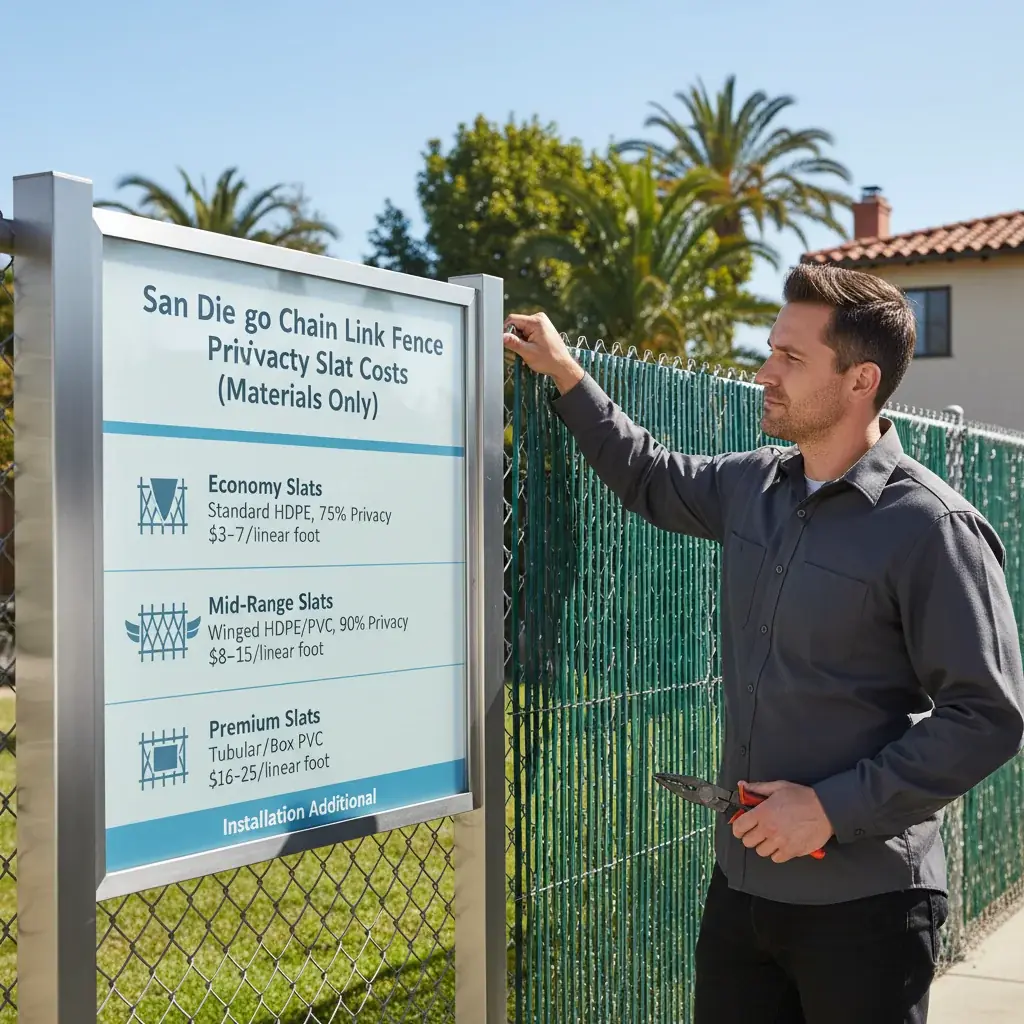 Infographic comparing costs of various chain link fence privacy slat types and their privacy levels, common for San Diego homes.