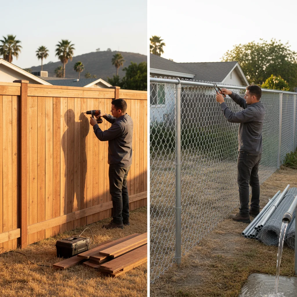 A split view of a wood privacy fence and a chain link fence in San Diego yards.