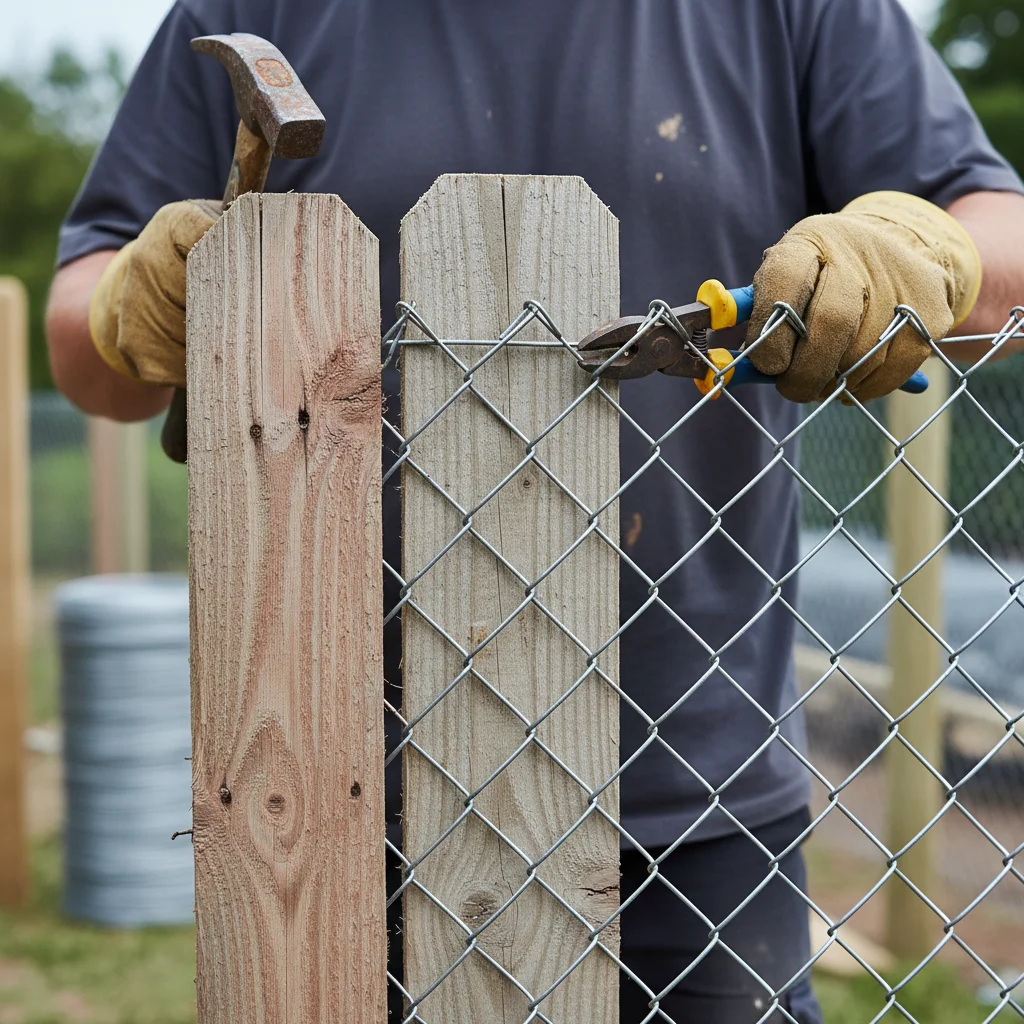 A close-up comparison of the texture and materials of a wood picket next to chain link mesh.