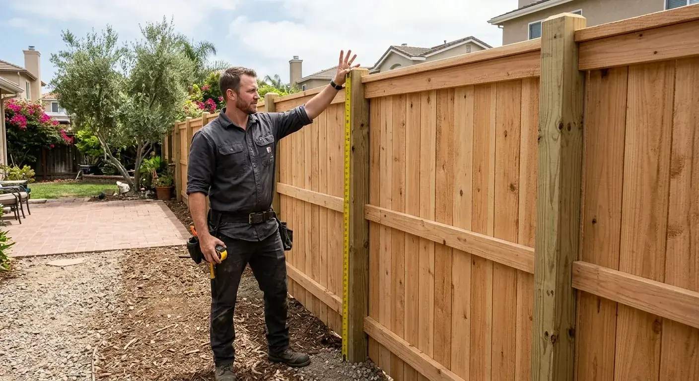 A person standing next to a 6-foot privacy fence with a tape measure, visually demonstrating standard backyard fence height in San Diego.