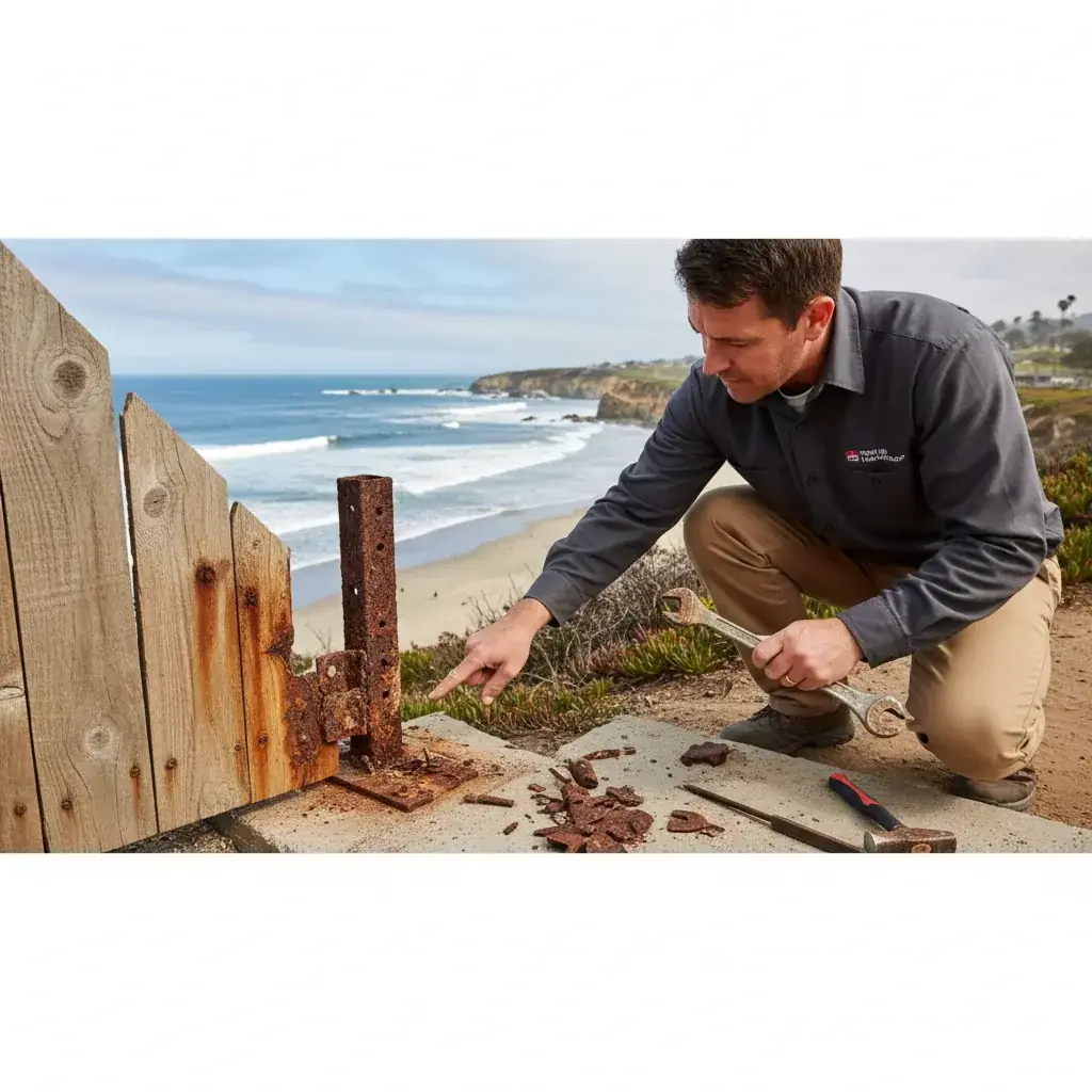 A chain-link fence near the San Diego coastline with visible rust staining along the bottom tension wire and tie wires