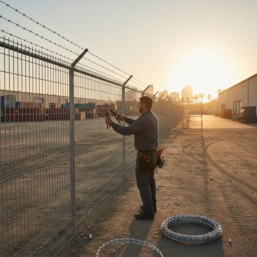 High-security anti-climb mesh fencing with razor wire protects a San Diego industrial storage yard from unauthorized access.