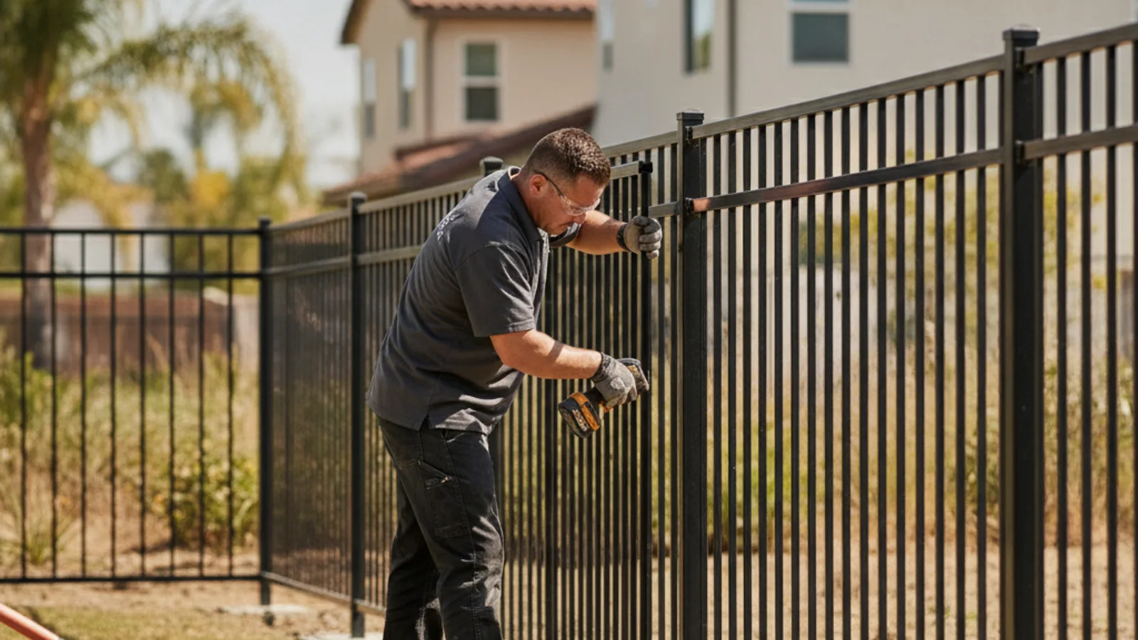 Ornamental aluminum picket fencing along a commercial property entrance in San Diego