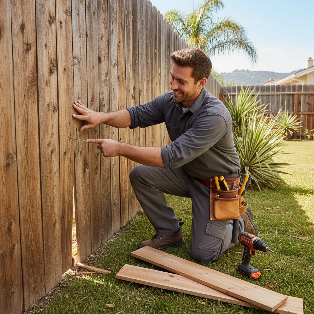 A friendly fence repair professional examining a broken wooden fence panel in a San Diego backyard, with tools ready.