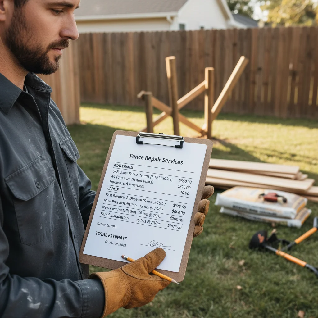 A clear, itemized quote for a fence repair on a clipboard, showing costs for labor and materials.