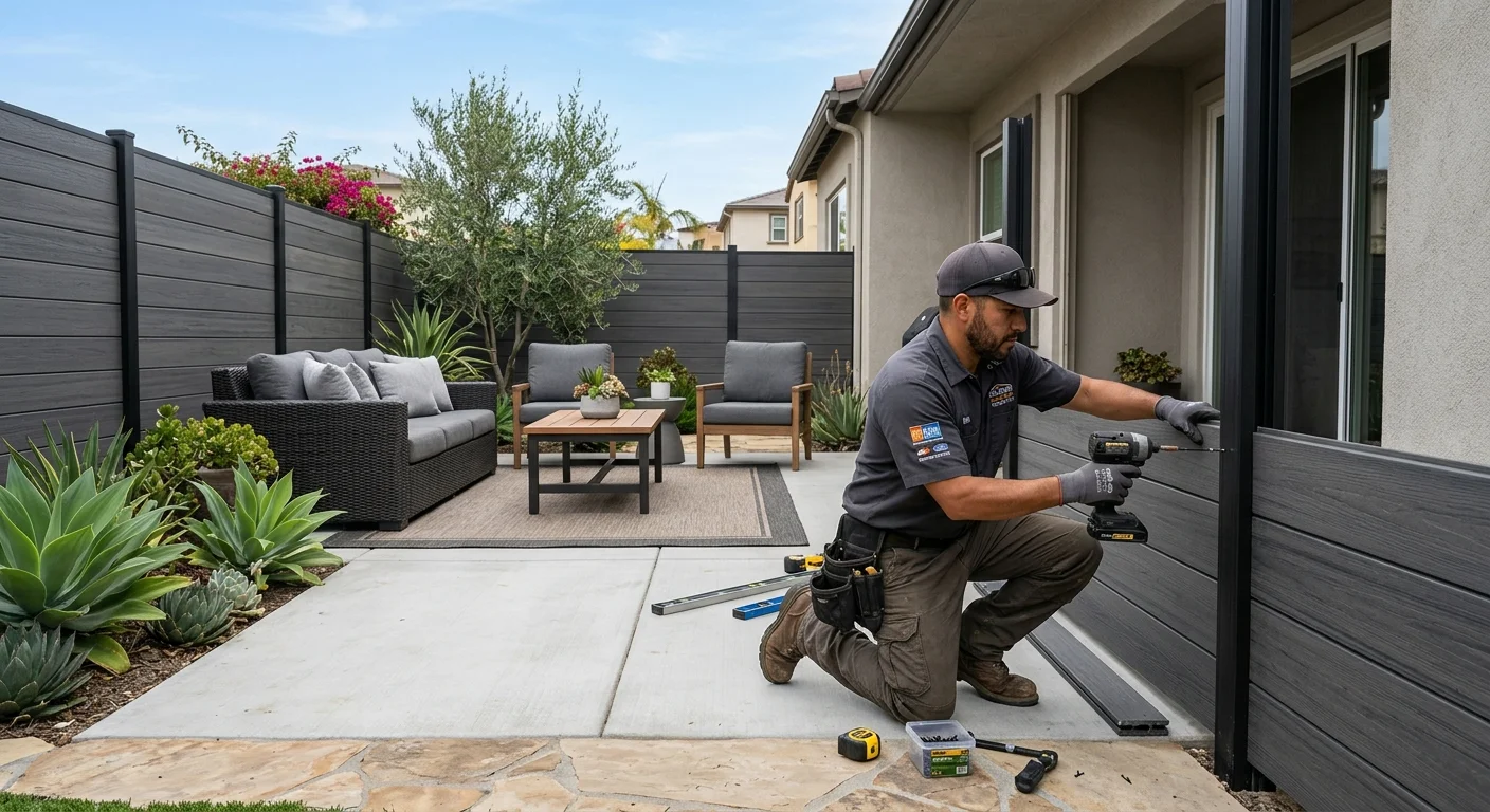 A modern dark gray composite fence enclosing a stylish San Diego patio with outdoor furniture.