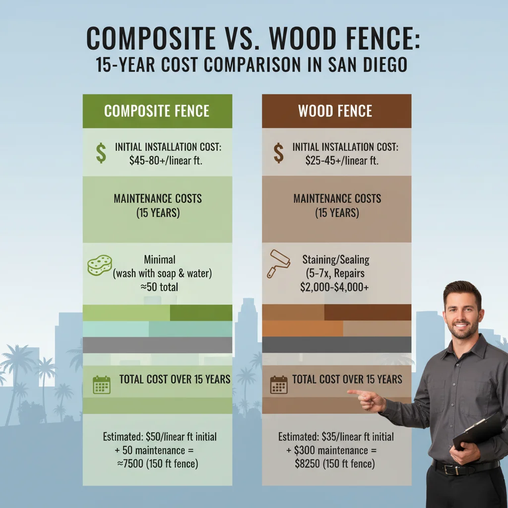 A graphic comparing the long-term costs of composite versus wood fencing over 15 years, including initial installation and maintenance.