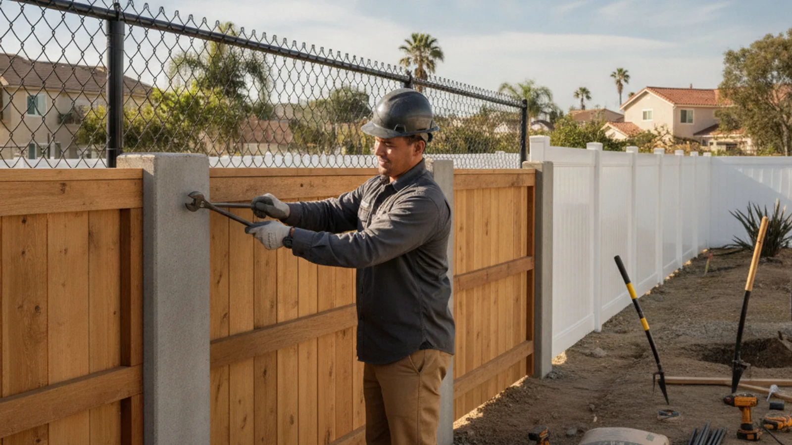 A precast concrete fence post set in a new footing next to wood panels in a San Diego backyard.