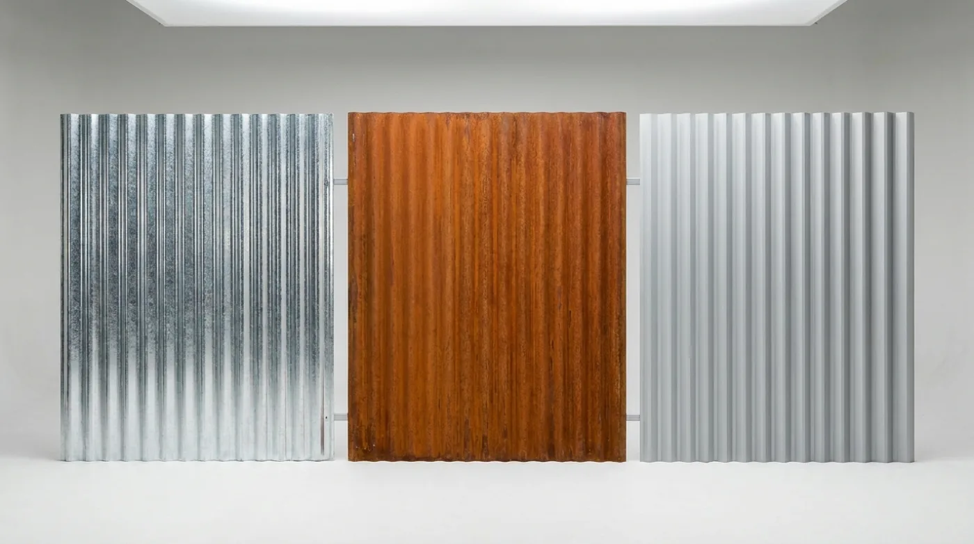 Side-by-side comparison of galvanized corrugated steel, weathering Corten steel, and corrugated aluminum fence panels