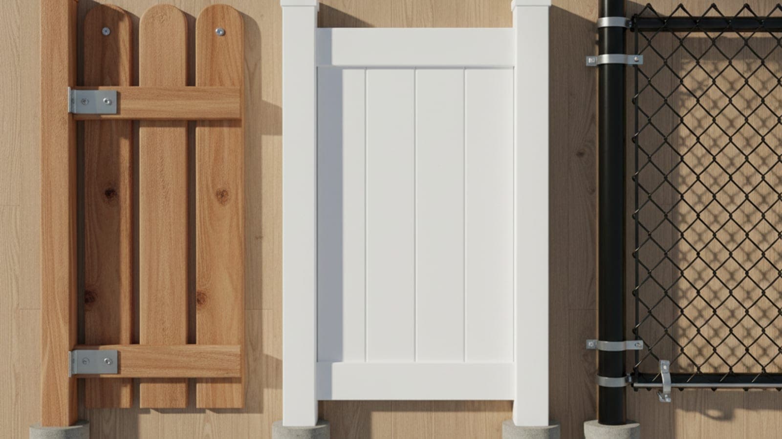 Cedar, vinyl, and chain link fence samples side by side for material comparison