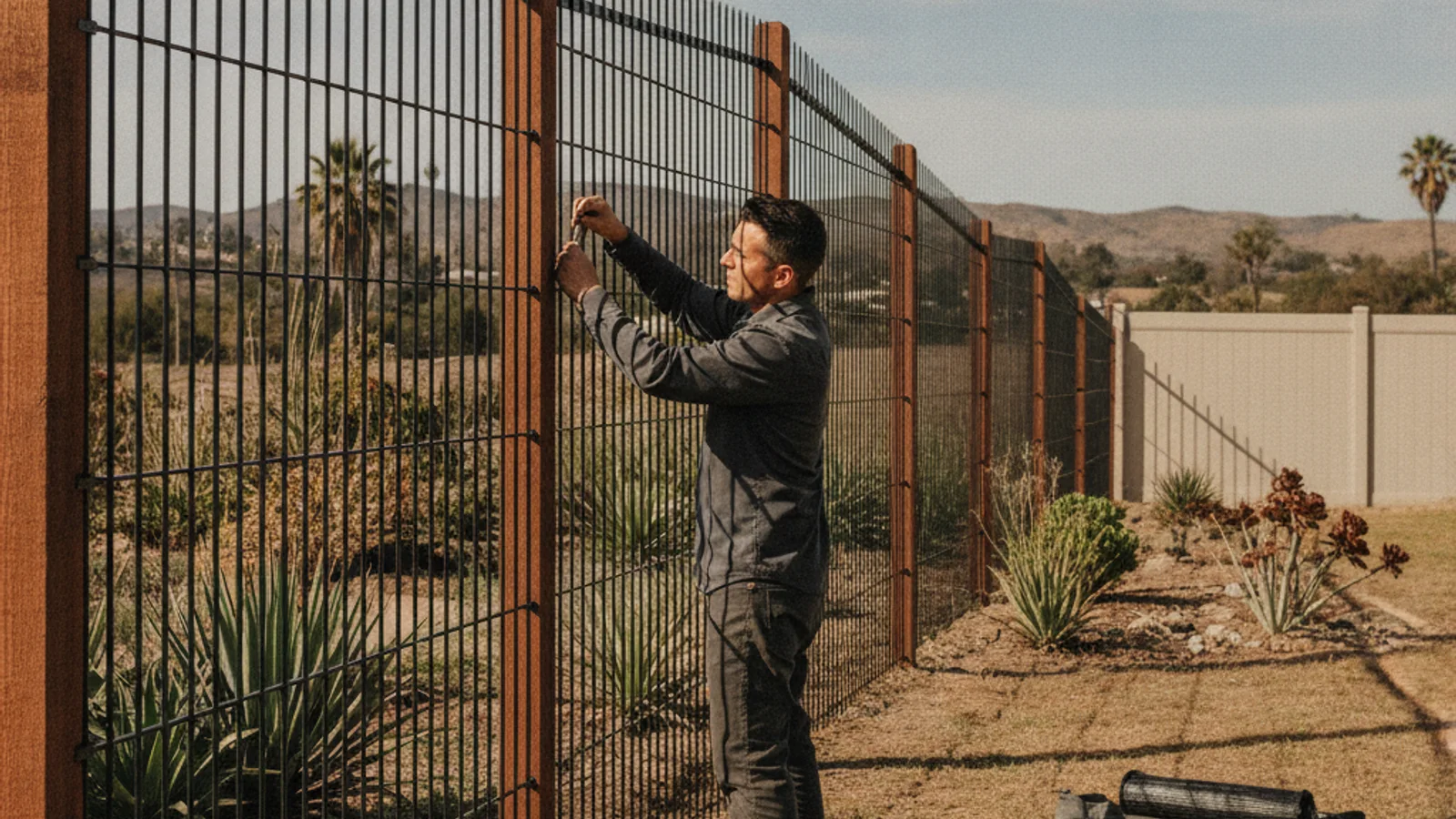 A secure residential fence bordering a dry canyon-edge yard in San Diego County
