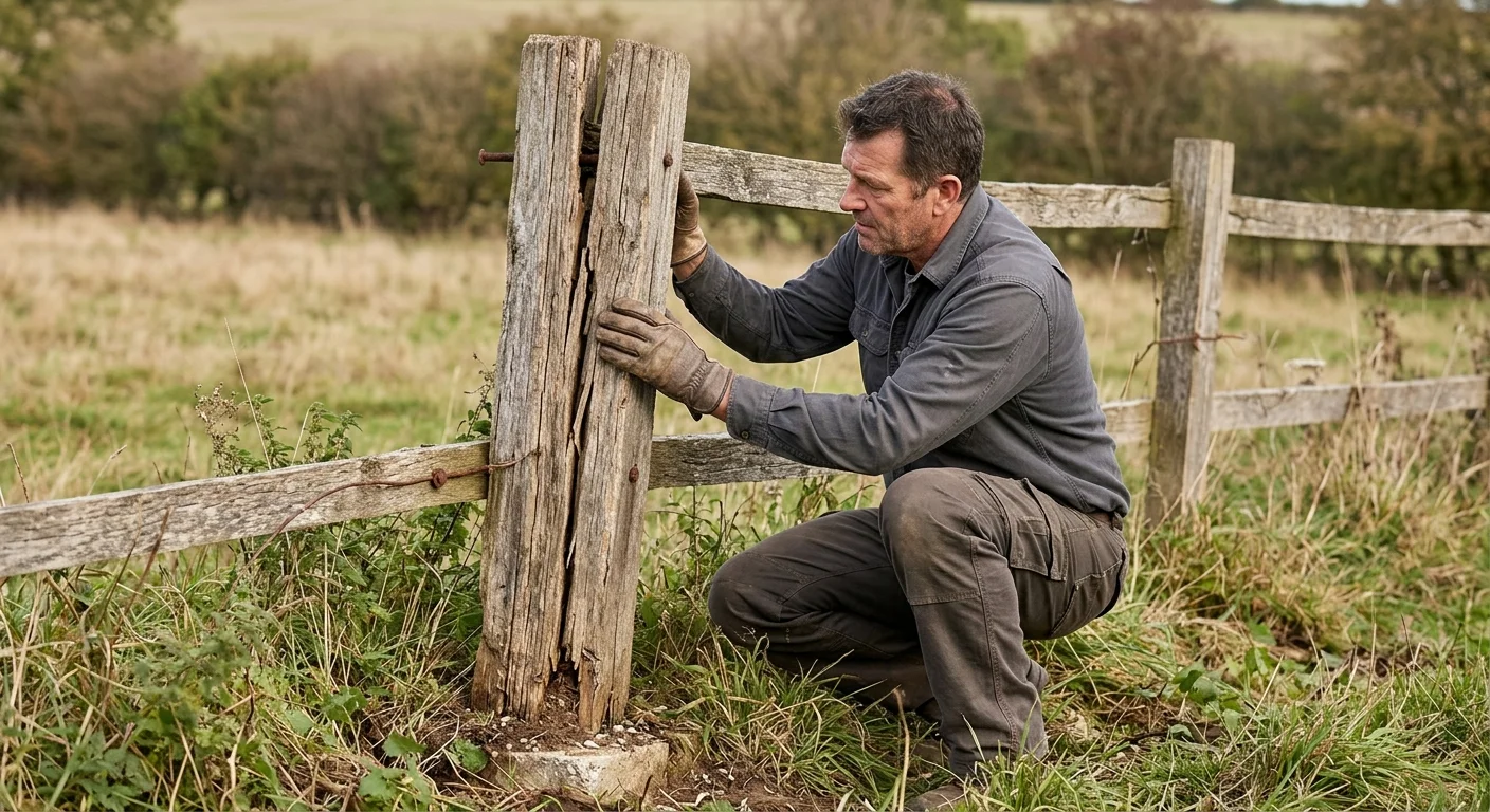 Cracked wood fence post with connected rails and footing visible