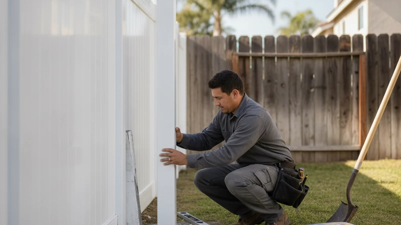 A cracked white vinyl fence post leaning beside intact panels in a residential yard.