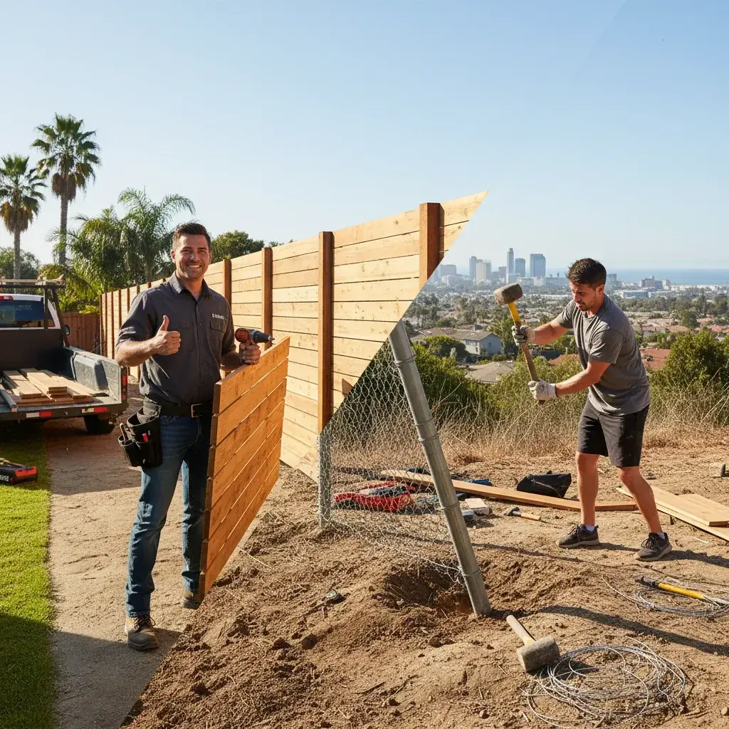 Licensed fence crew installing a wood fence panel at a San Diego home