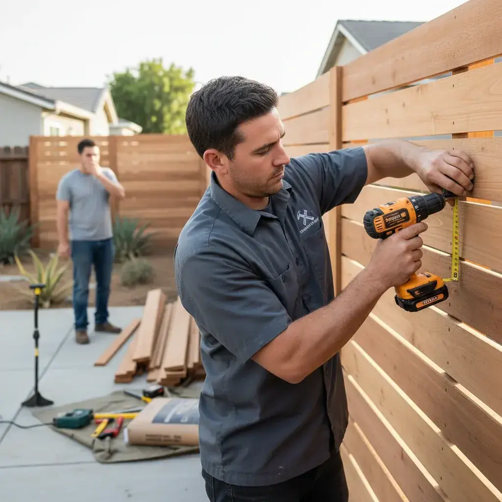 Homeowner checking a contractor's license number on the CSLB website before hiring a fence company
