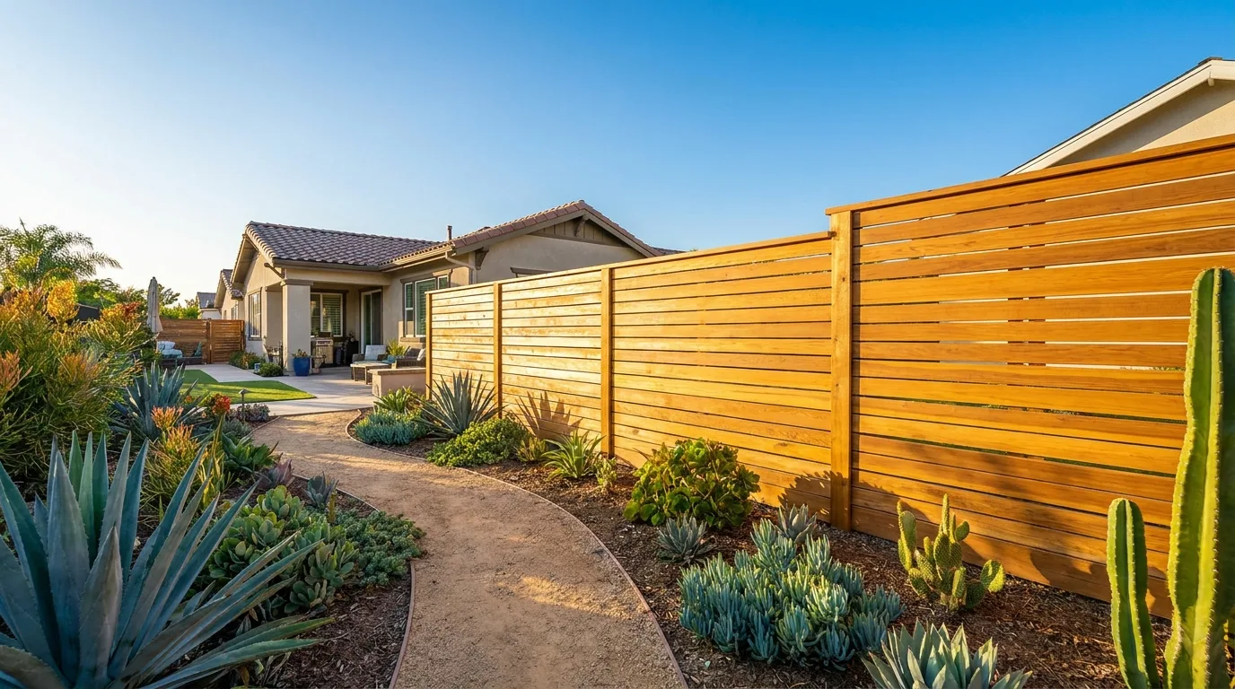A clean horizontal cedar privacy fence around a well-kept San Diego backyard with drought-tolerant landscaping and a bright coastal sky, framing the home behind it