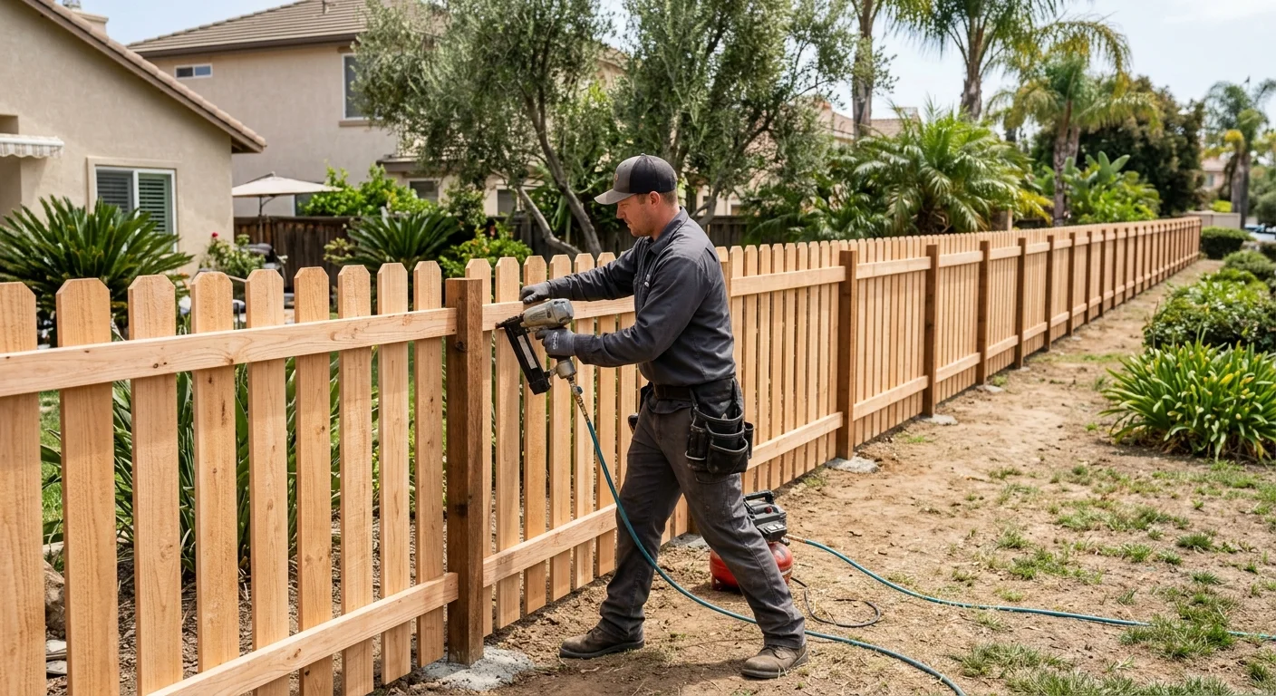 A new dog ear cedar fence in a San Diego backyard