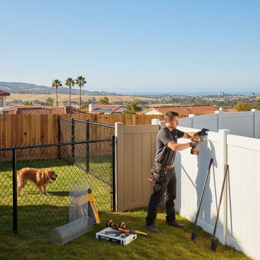 A lattice topper extension added above an existing wood privacy fence in a Southern California backyard with drought-tolerant plants along the base