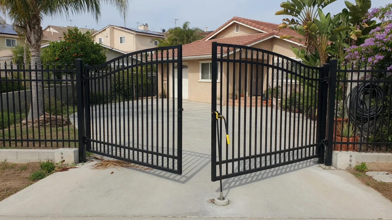 Black aluminum double-swing driveway gate with two equal leaves on a San Diego suburban lot